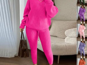 Winter Ribbed Knit Suits Fashion Loose Pullover Sweater Top And Drawstring Pants For Women Trouser Set Clothing