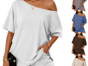 Womens 2-piece Fashionable Casual Set Slant-Neck Top And Shorts  For Loungewear Daily Wear Work Gym Outfit