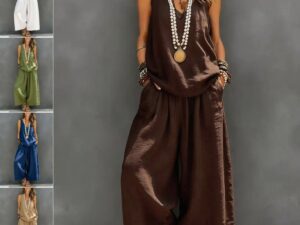 Womens Solid-Colored Casual Sleeveless Tank Top And Wide-Leg Pants Cotton-Linen Set For Daily Wear Holiday Outfit