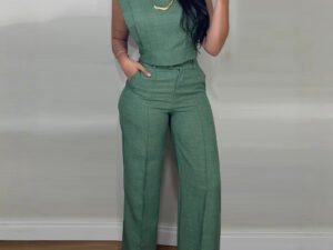 Summer Sleeveless Suit Fashion Round Neck Vest Top And Pocket Straight Pants Casual Trousers Set For Women Clothing