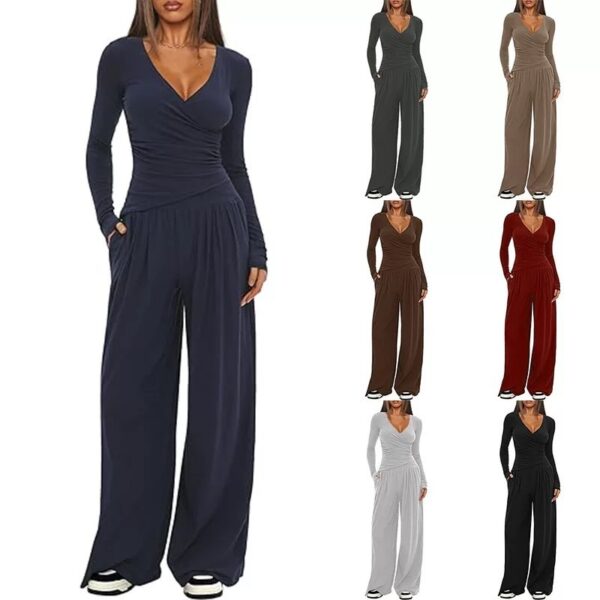 2 Pieces Women's V Neck Long-sleeve Sportswear Top And Wide-leg Pants Set Casual Comfortable Outfit Set For Daily Wear Gym Sports Outfit