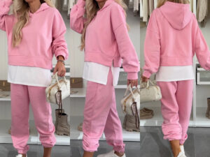 Hooded Sweatshirt Suit Loose Long Sleeve False Two-piece Tops And Jogger Sports Trousers Casual Spots Set For Women's Clothing