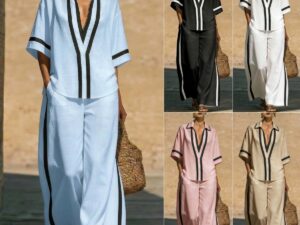 Color Block Short Sleeve Top And Wide Leg Pants Two Piece Set - Casual Summer Loose Fit Matching Outfit For Women Daily Wear