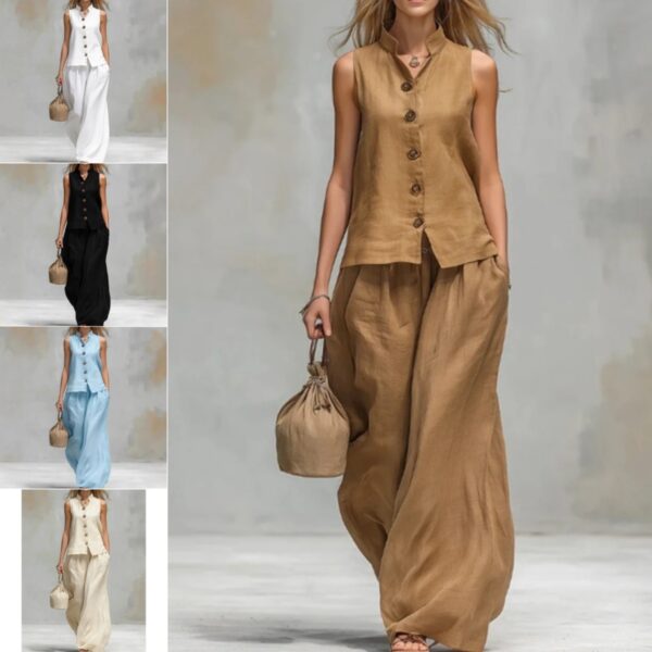 Casual Two-Piece Stand Collar Sleeveless Vest And Matching Pants Set - Summer Women Vest & Pan Two Piece Outfit